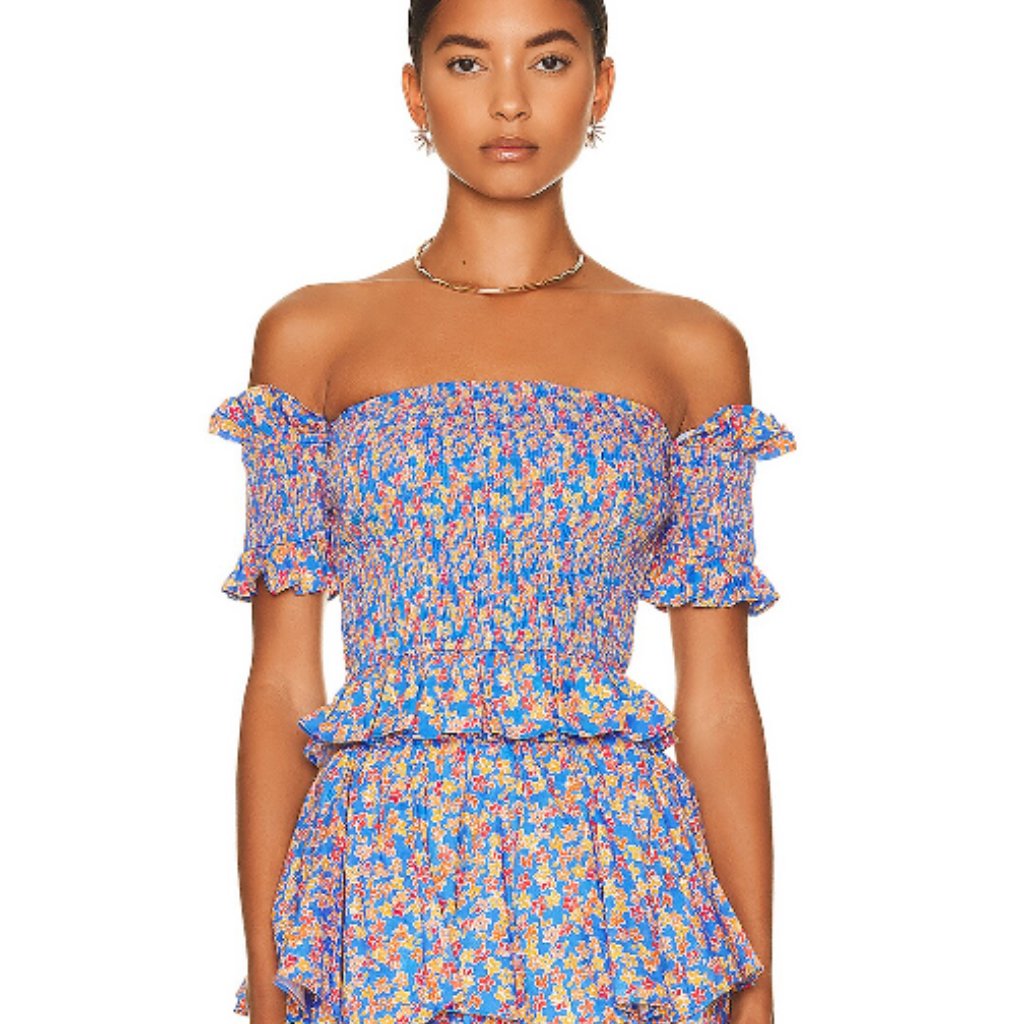 Caroline Constas Zora Off The Shoulder Smocked Top S Royal Blue Liberty Floral